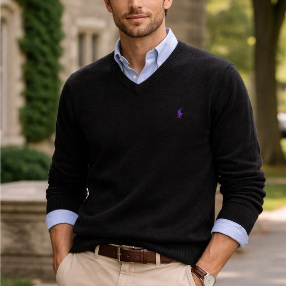 Vintage Polo Ralph Lauren Men’s Lambswool V-Neck Sweater Black Purple Pony Italy